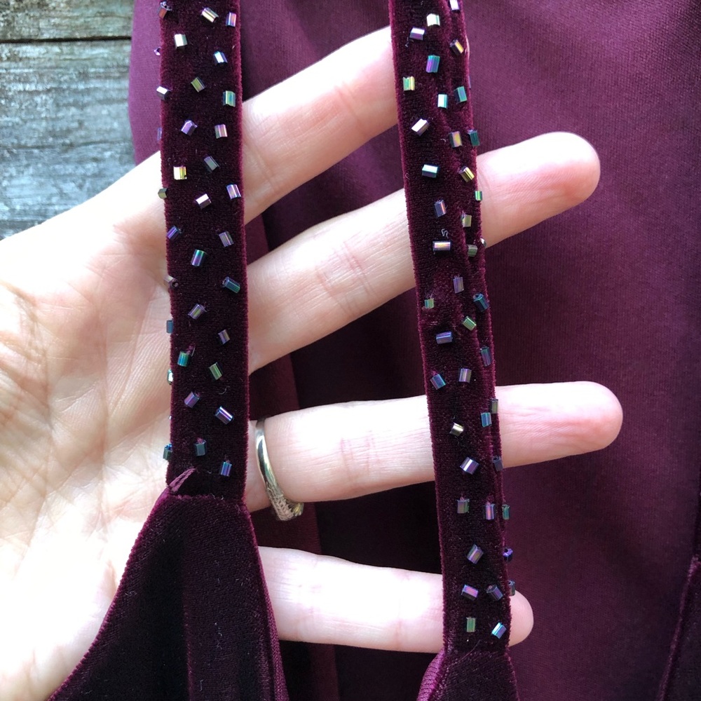 Vintage Reggio Maroon Velvet Maxi Dress Halter Beaded Strappy Wine Red - Picture 10 of 15
